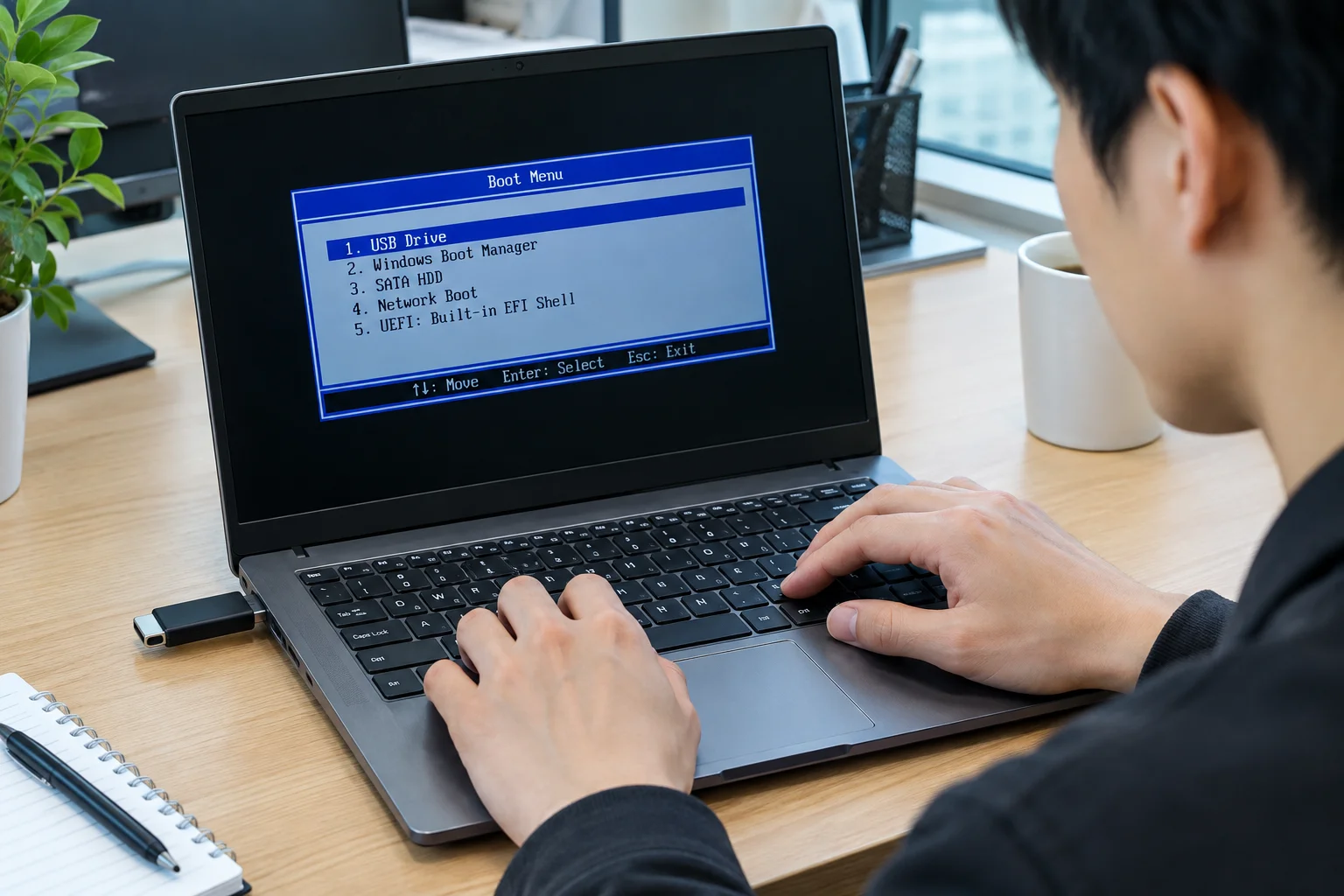 USB 부팅 디스크를 컴퓨터에 연결하여 윈도우 비밀번호 분실 초기화를 진행하는 모습