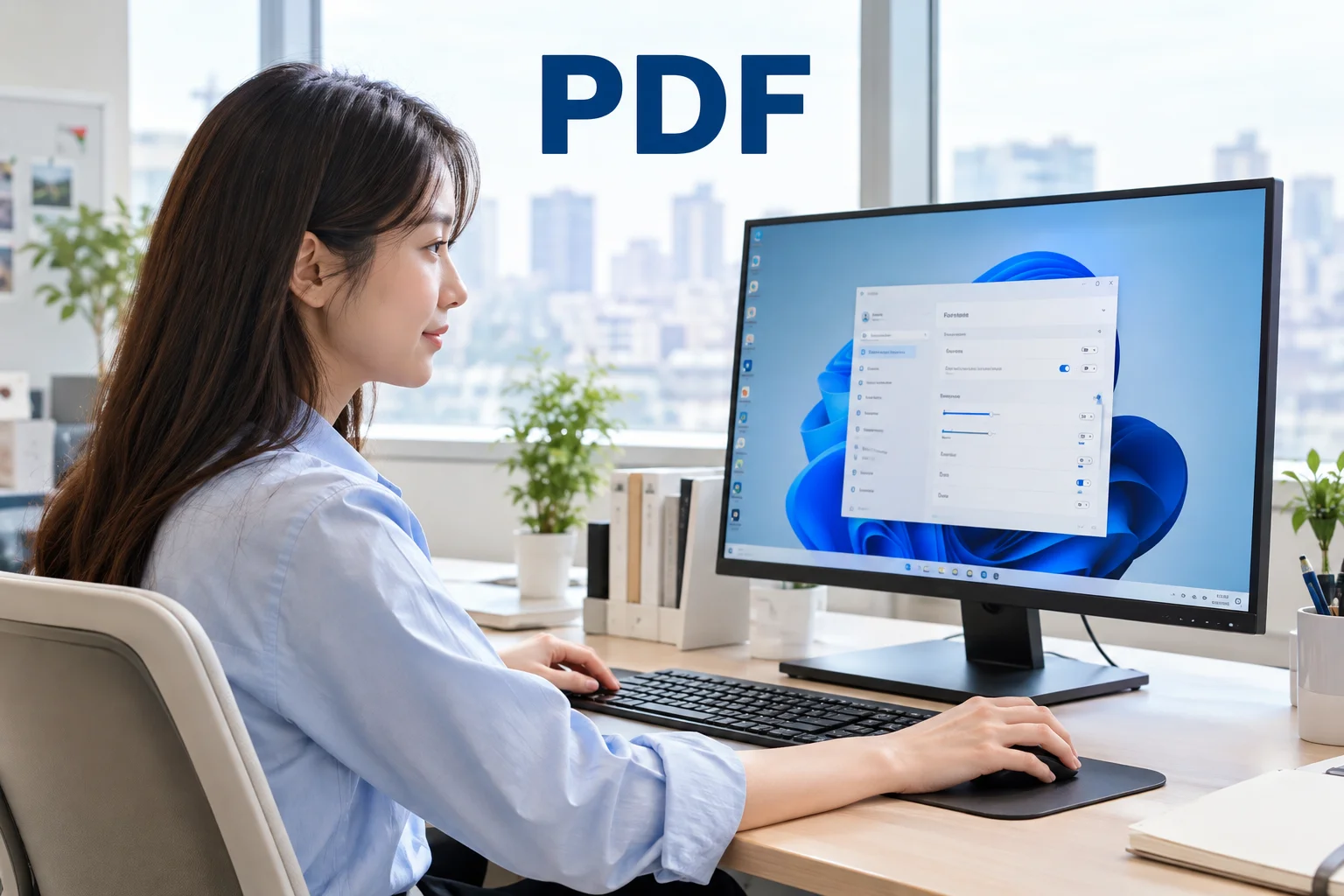 컴퓨터 모니터 앞에서 윈도우 PDF 기본 앱 설정 화면을 확인하며 연결 프로그램을 간편하게 변경하는 모습.
