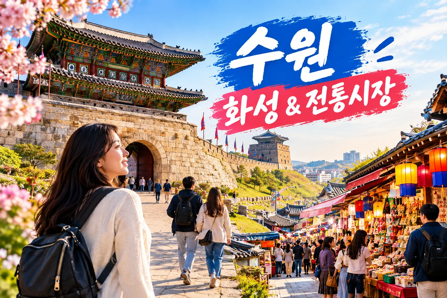 수원 주말 차 없이 갈 만한 곳을 소개하는 대표 이미지, 수원화성 팔달문과 전통시장 거리가 어우러진 모습